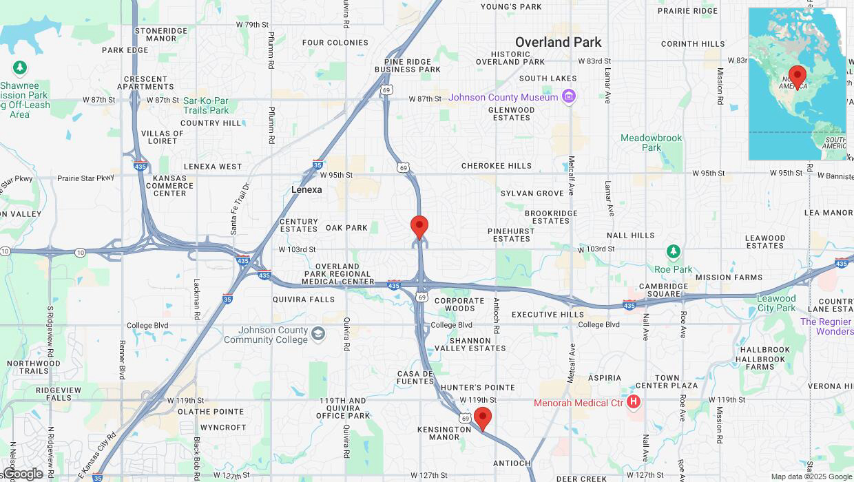 A detailed map that shows the affected road due to 'Lane on US-69 closed in Overland Park' on February 24th at 5:20 p.m.