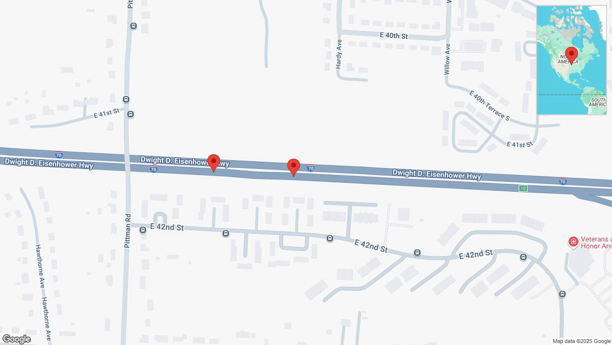 A detailed map that shows the affected road due to 'Broken down vehicle on eastbound I-70 in Kansas City' on February 24th at 5:26 p.m.
