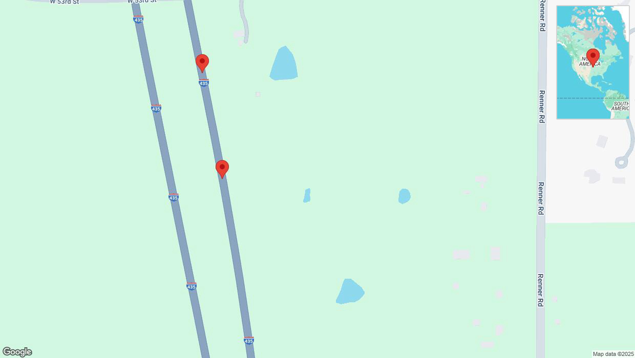 A detailed map that shows the affected road due to 'Broken down vehicle on northbound I-435 in Shawnee' on February 24th at 5:38 p.m.