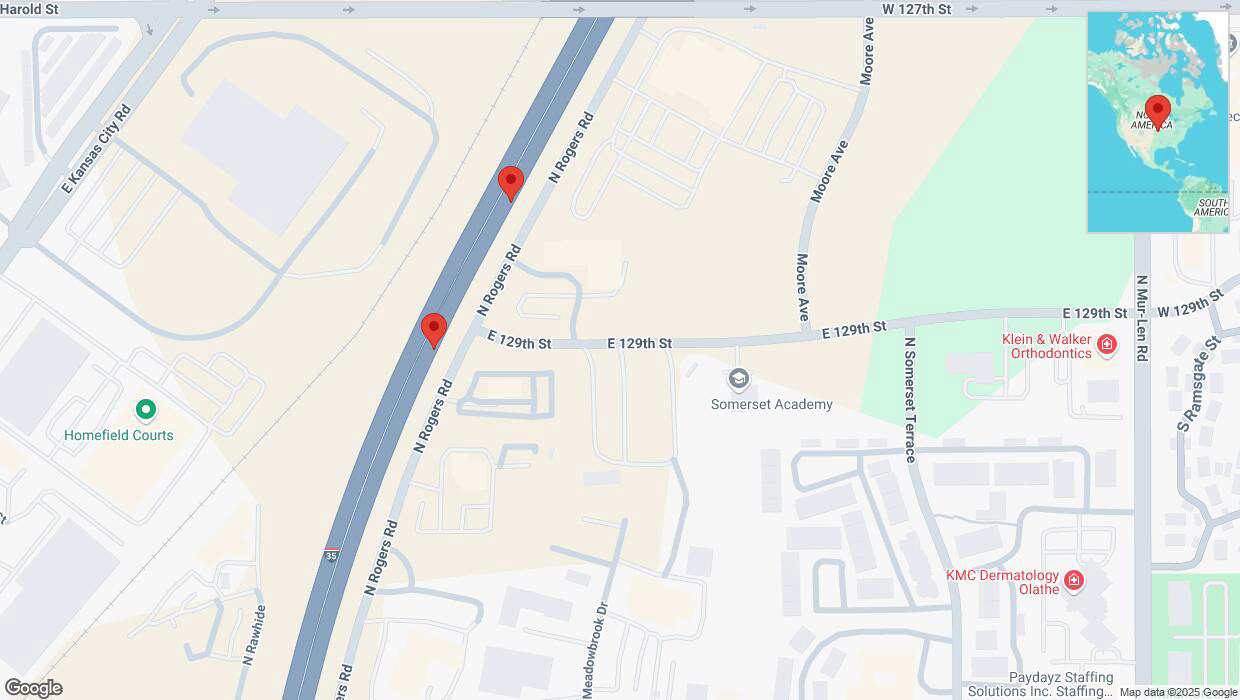 A detailed map that shows the affected road due to 'Broken down vehicle on eastbound I-35 in Olathe' on February 24th at 5:38 p.m.