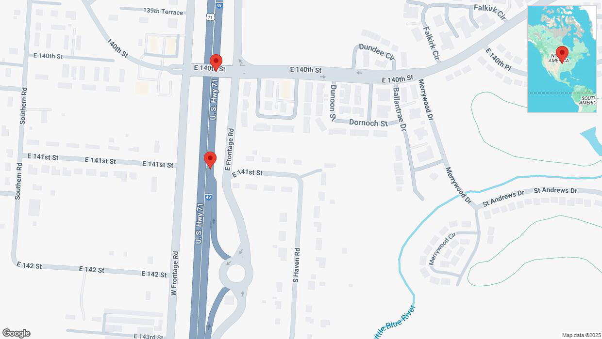 A detailed map that shows the affected road due to 'Broken down vehicle on northbound I-40/US-71 in Grandview' on February 24th at 6:23 p.m.