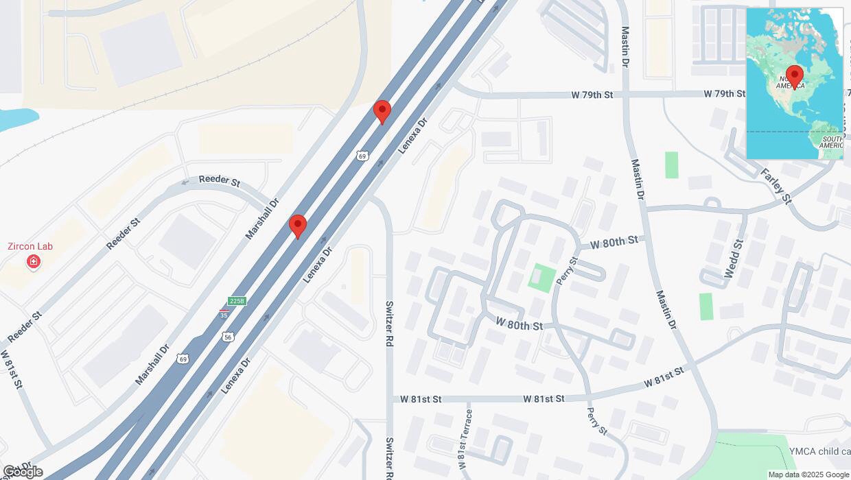 A detailed map that shows the affected road due to 'Broken down vehicle on eastbound I-35 in Overland Park' on February 24th at 6:33 p.m.