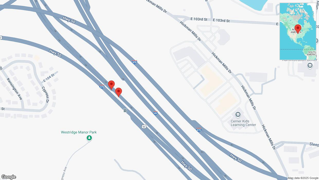 A detailed map that shows the affected road due to 'Broken down vehicle on U.S. 50 in Kansas City' on February 24th at 6:28 p.m.