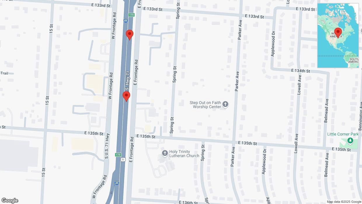 A detailed map that shows the affected road due to 'Broken down vehicle on northbound I-40/US-71 in Grandview' on February 24th at 6:06 p.m.