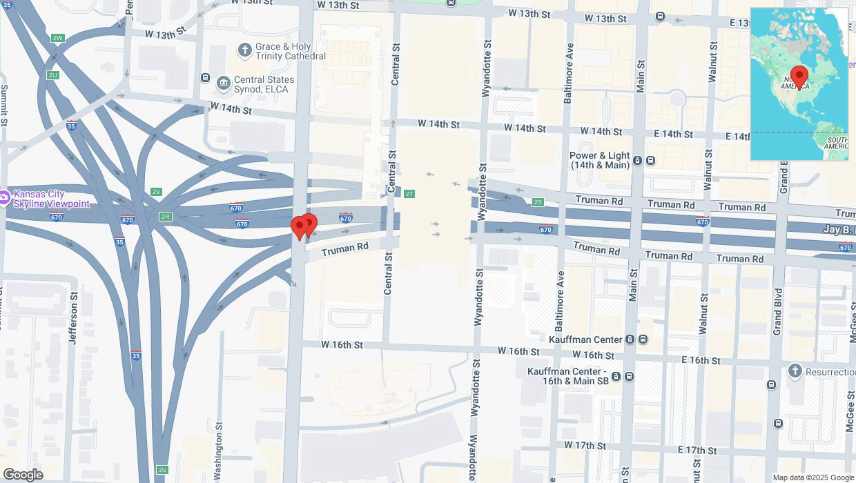 A detailed map that shows the affected road due to 'Broken down vehicle on Truman Road in Kansas City' on February 24th at 6:33 p.m.
