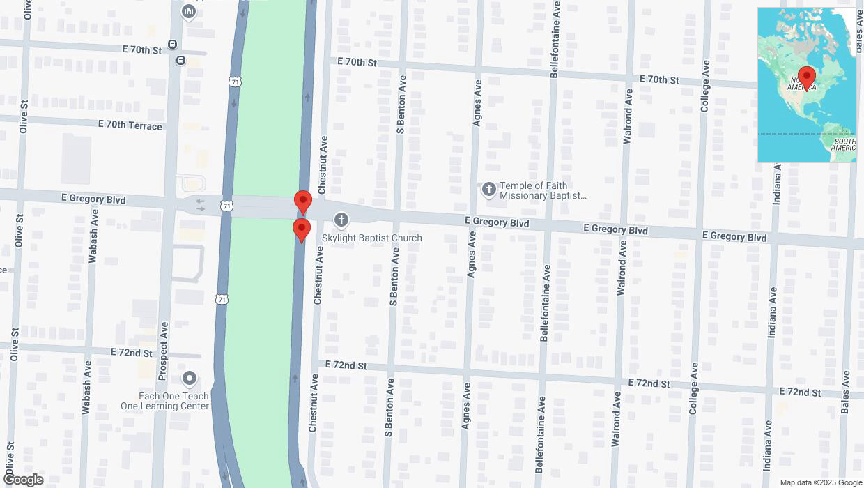A detailed map that shows the affected road due to 'Broken down vehicle on northbound US-71 North in Kansas City' on February 24th at 7:19 p.m.