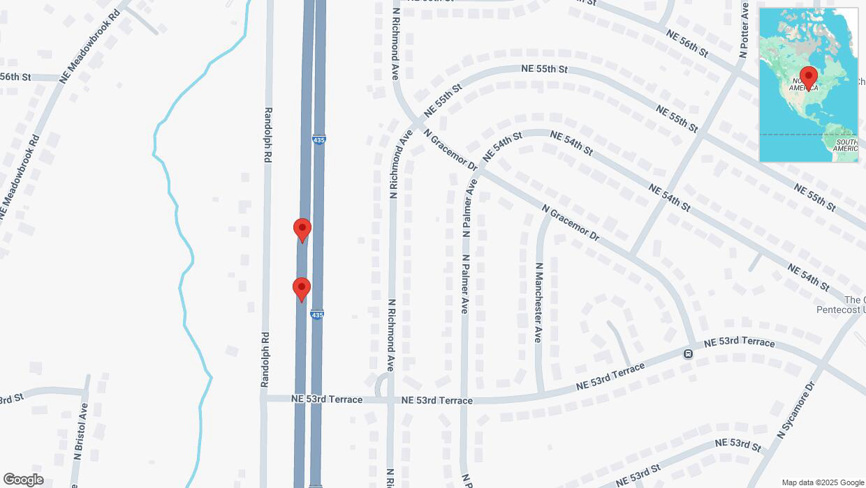A detailed map that shows the affected road due to 'Broken down vehicle on southbound I-435 in Kansas City' on February 24th at 7:52 p.m.
