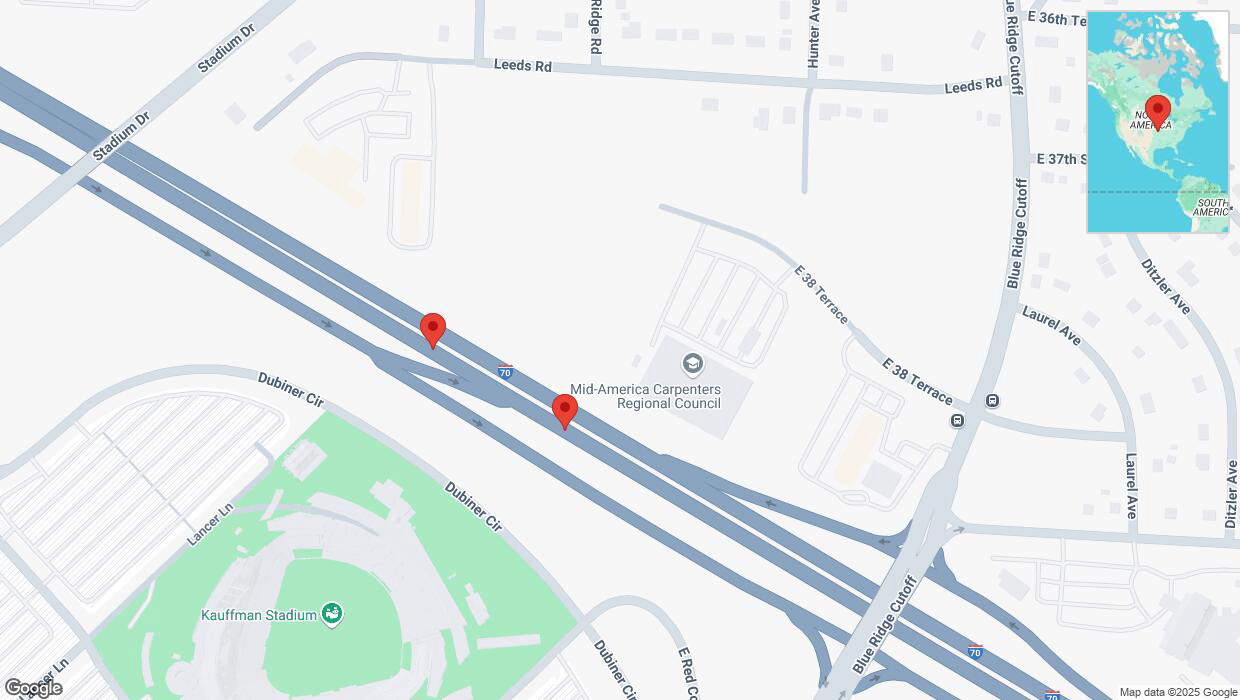 A detailed map that shows the affected road due to 'Broken down vehicle on eastbound I-70 in Kansas City' on February 24th at 11:30 p.m.