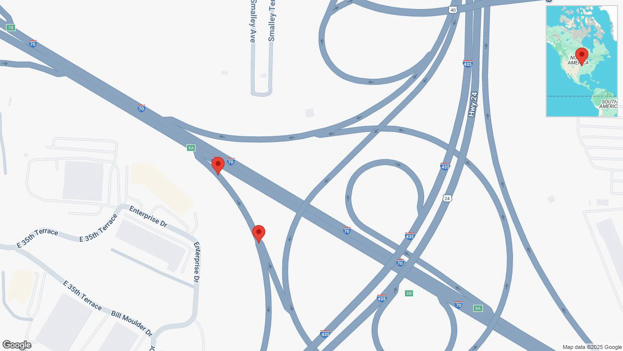 A detailed map that shows the affected road due to 'Broken down vehicle on Enterprise Drive in Kansas City' on February 24th at 9:33 p.m.