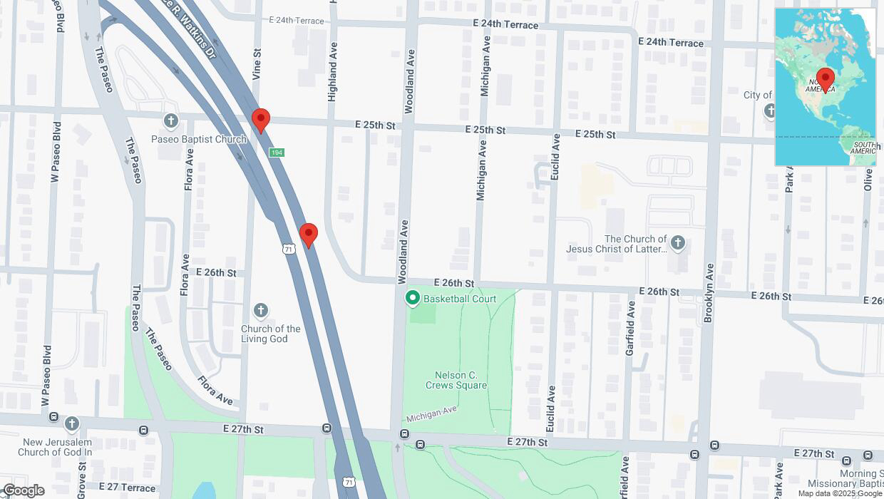 A detailed map that shows the affected road due to 'Broken down vehicle on northbound US-71 in Kansas City' on February 24th at 11:09 p.m.