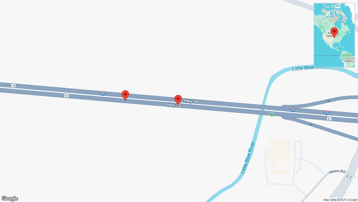 A detailed map that shows the affected road due to 'Broken down vehicle on eastbound I-470 in Kansas City' on February 24th at 11:48 p.m.