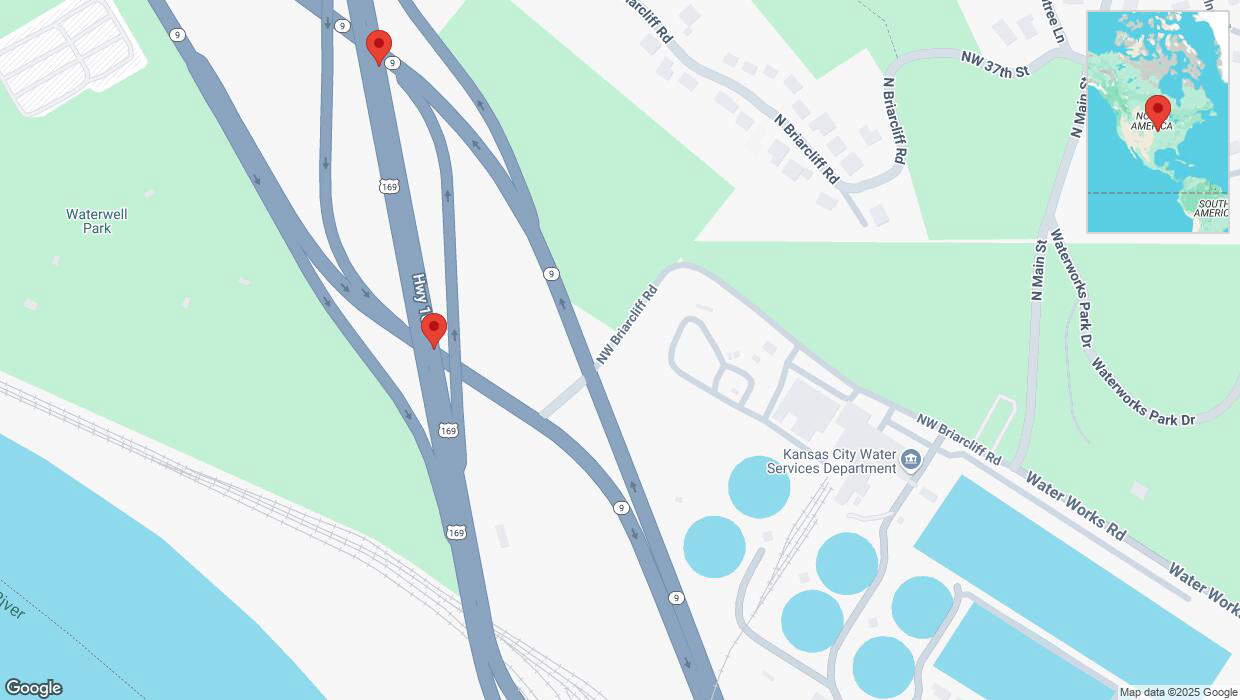 A detailed map that shows the affected road due to 'Broken down vehicle on northbound US-169 in Kansas City' on February 25th at 7:31 p.m.