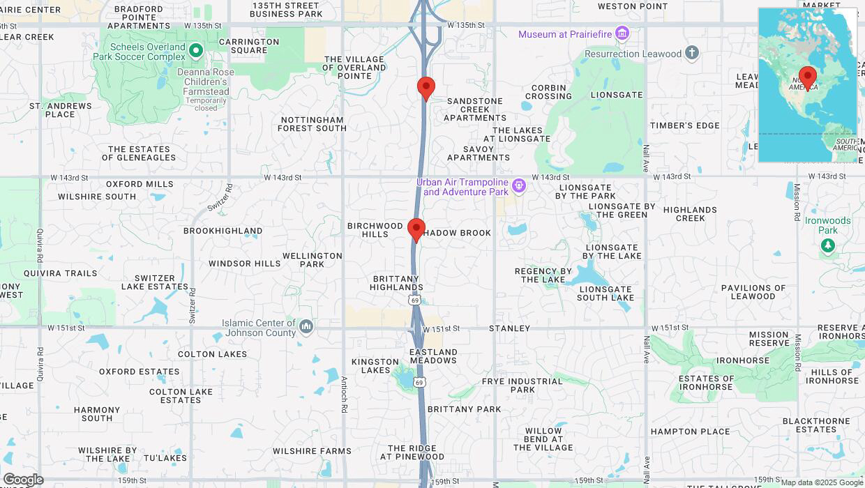 A detailed map that shows the affected road due to 'Crash reported on northbound US-69 in Overland Park' on February 25th at 12:38 p.m.
