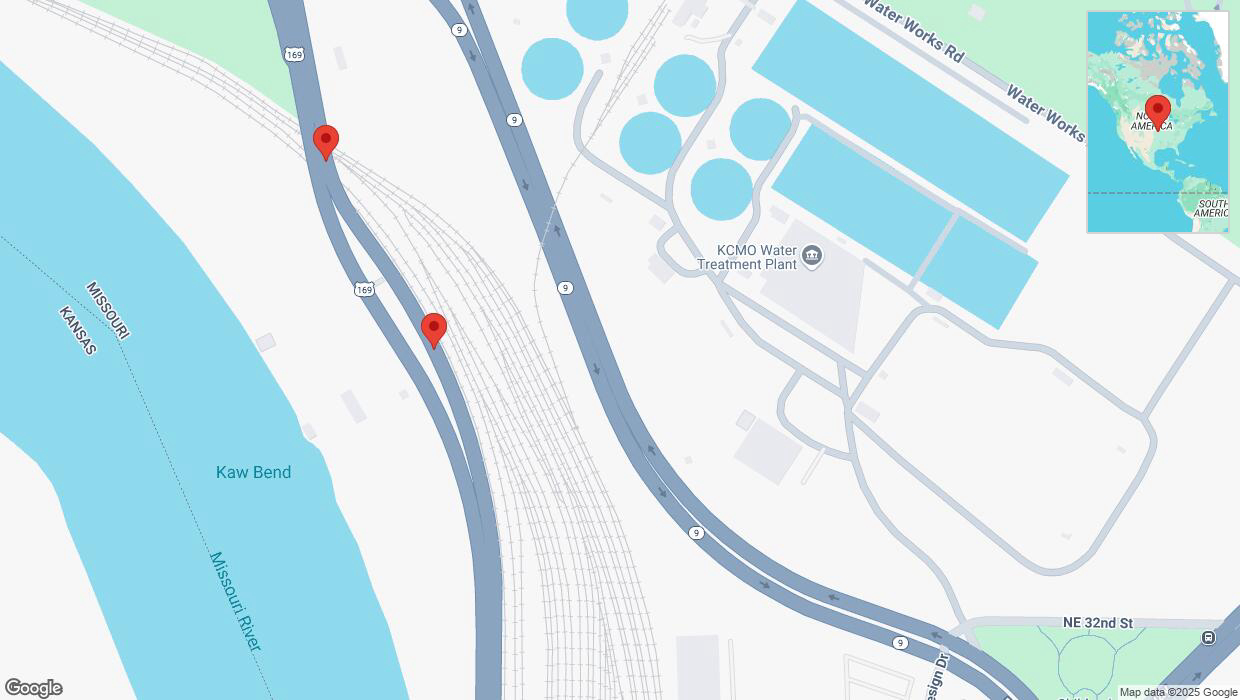 A detailed map that shows the affected road due to 'Broken down vehicle on northbound US-169 in Kansas City' on February 25th at 1:07 p.m.