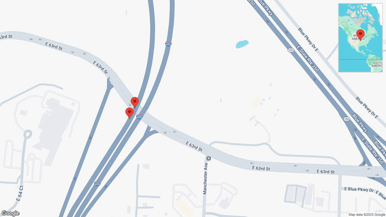 A detailed map that shows the affected road due to 'Broken down vehicle on southbound I-435 in Kansas City' on February 25th at 12:38 p.m.