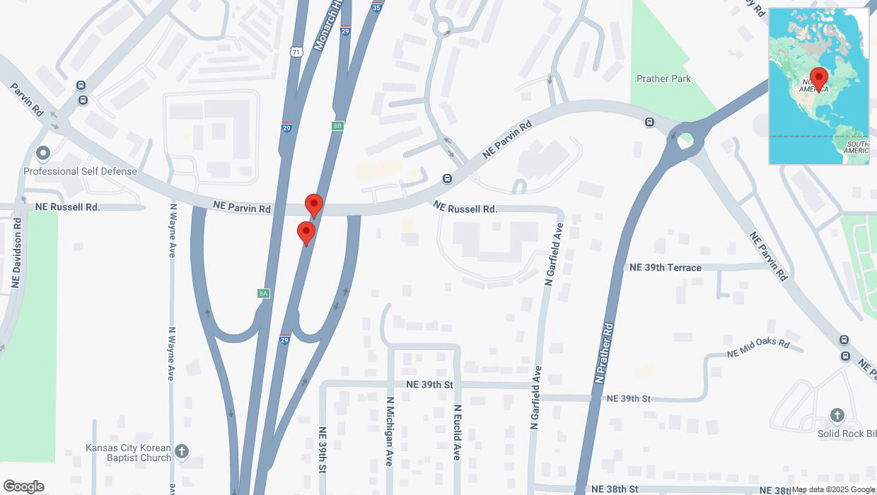 A detailed map that shows the affected road due to 'Broken down vehicle on northbound I-29/I-35 in Kansas City' on February 25th at 1:07 p.m.
