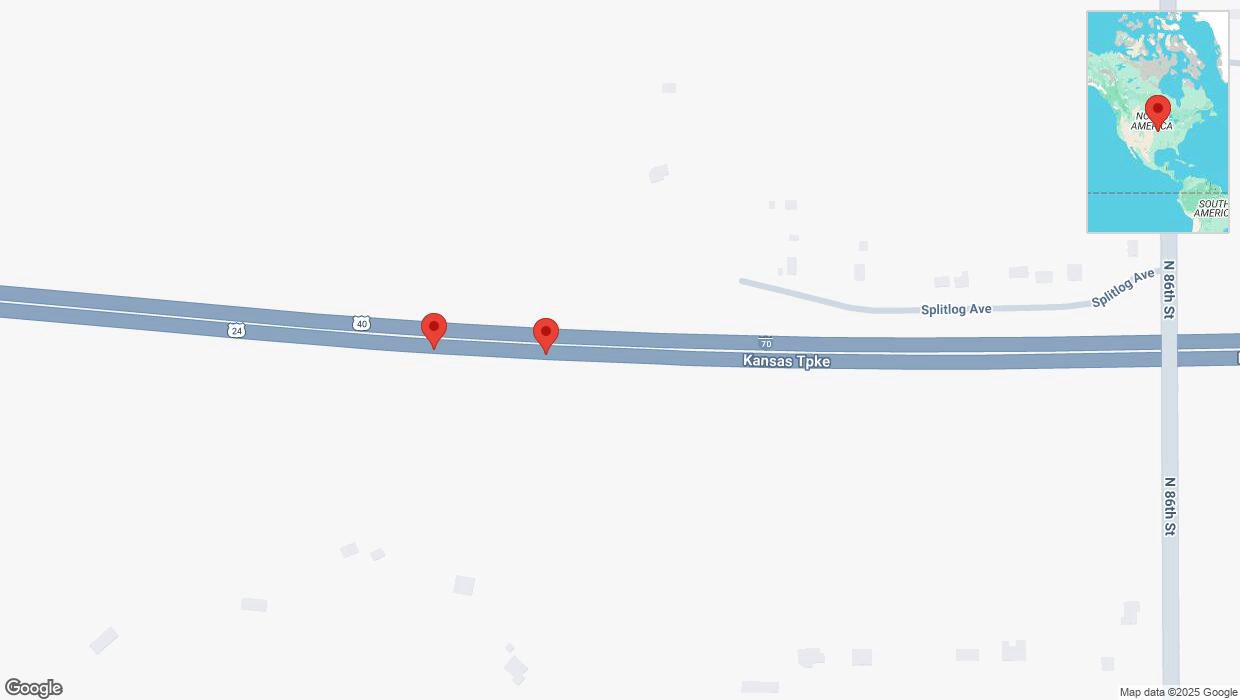 A detailed map that shows the affected road due to 'Broken down vehicle on eastbound I-70 in Kansas City' on February 25th at 1:07 p.m.