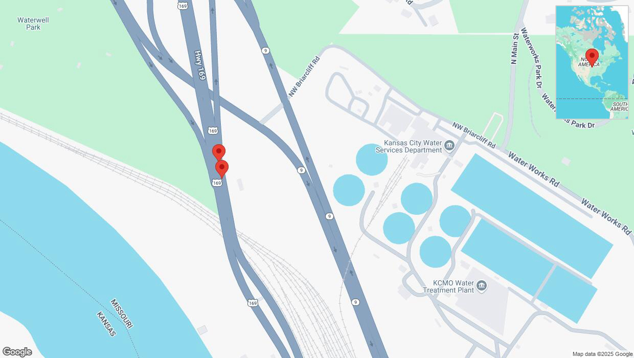 A detailed map that shows the affected road due to 'Broken down vehicle on northbound US-169 in Kansas City' on February 25th at 1:50 p.m.