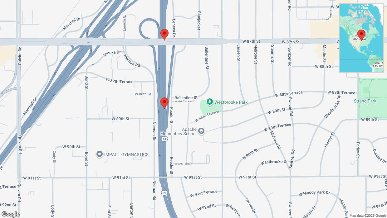 A detailed map that shows the affected road due to 'Broken down vehicle on northbound US-69 in Overland Park' on February 25th at 2:18 p.m.