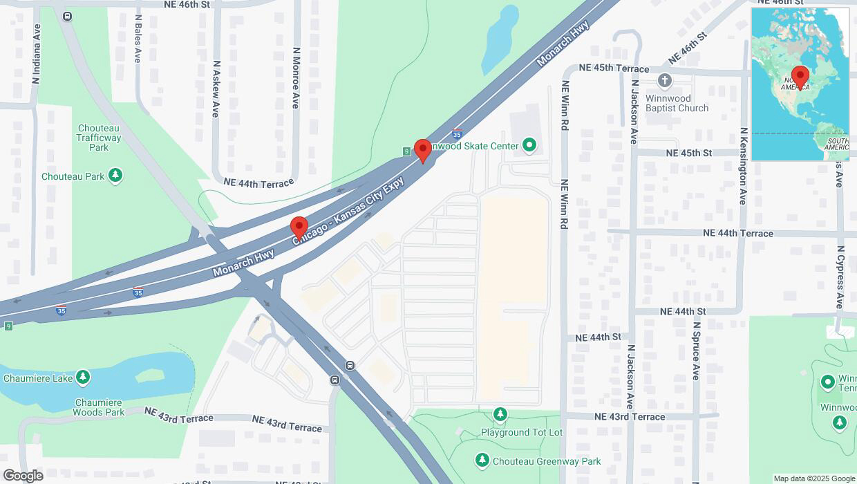 A detailed map that shows the affected road due to 'Broken down vehicle on northbound I-35 in Kansas City' on February 25th at 3:14 p.m.
