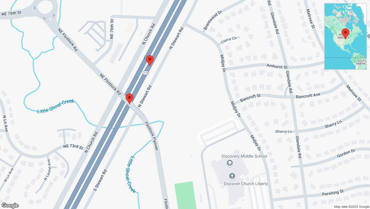 A detailed map that shows the affected road due to 'Broken down vehicle on northbound I-35 in Kansas City' on February 25th at 3:14 p.m.