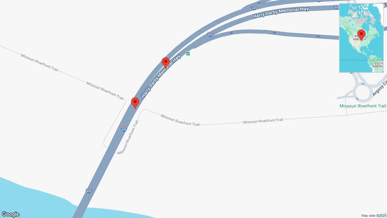 A detailed map that shows the affected road due to 'Broken down vehicle on northbound I-635 in Riverside' on February 25th at 3:37 p.m.