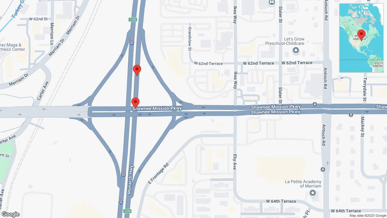 A detailed map that shows the affected road due to 'Broken down vehicle on northbound I-35 in Mission' on February 25th at 4:35 p.m.
