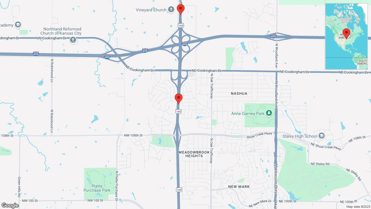 A detailed map that shows the affected road due to 'Kansas City: US-169 closed' on February 25th at 4:52 p.m.