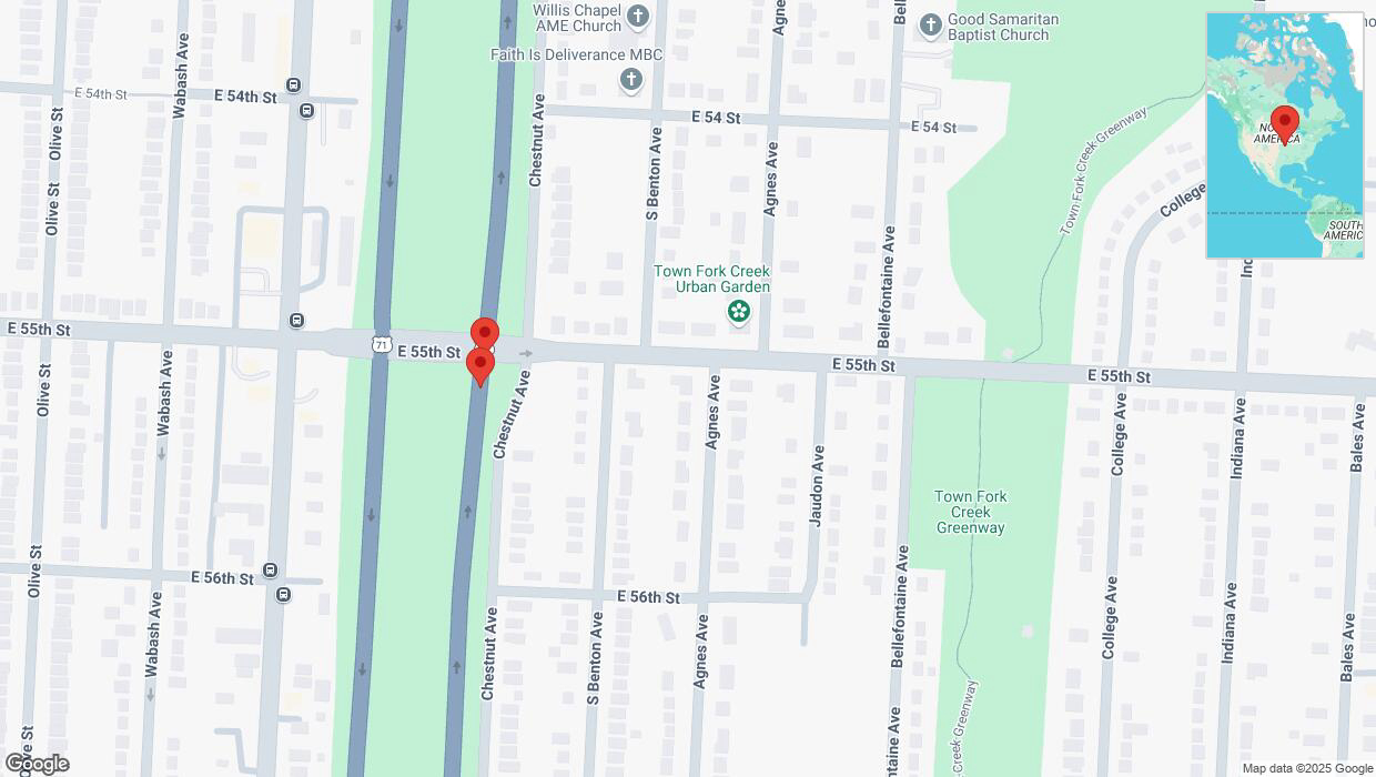 A detailed map that shows the affected road due to 'Broken down vehicle on northbound the Bruce R Watkins Expressway/US-71 in Kansas City' on February 25th at 5:14 p.m.