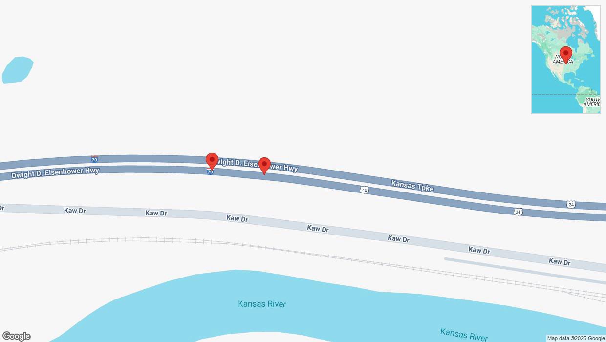 A detailed map that shows the affected road due to 'Broken down vehicle on eastbound I-70 in Kansas City' on February 25th at 5:43 p.m.
