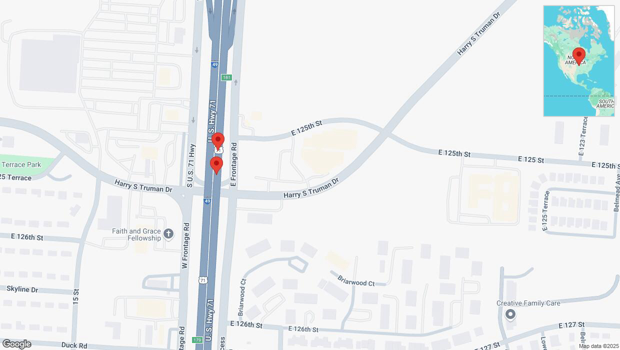 A detailed map that shows the affected road due to 'Broken down vehicle on northbound I-40/US-71 in Grandview' on February 25th at 5:43 p.m.