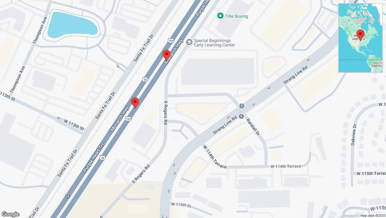 A detailed map that shows the affected road due to 'Broken down vehicle on eastbound I-35 in Lenexa' on February 25th at 7:15 p.m.