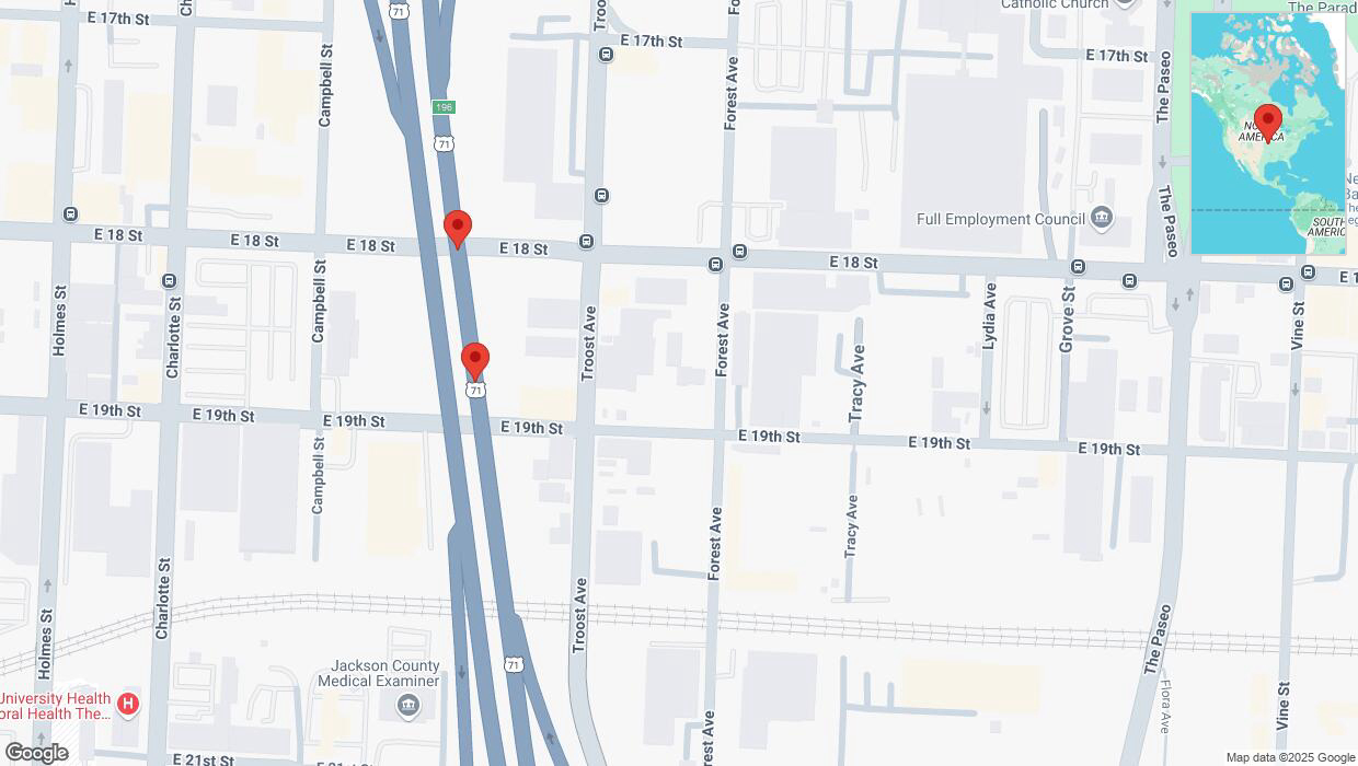 A detailed map that shows the affected road due to 'Broken down vehicle on northbound US-71 in Kansas City' on February 25th at 7:42 p.m.