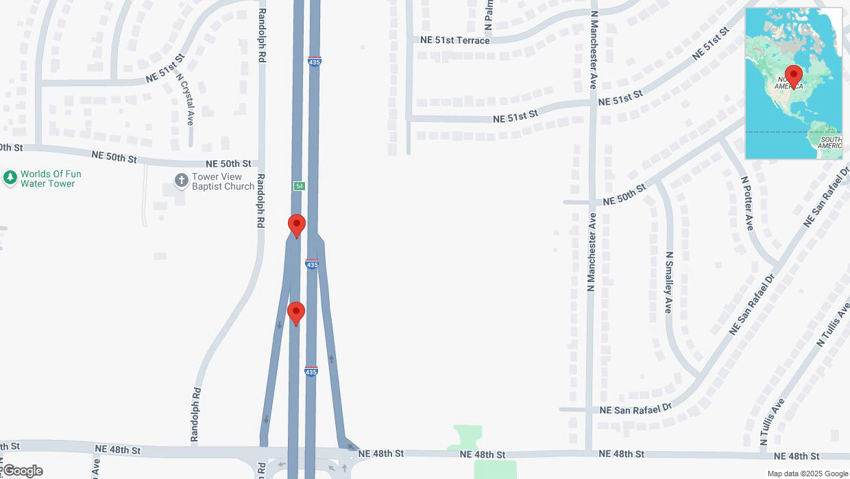 A detailed map that shows the affected road due to 'Broken down vehicle on southbound I-435 in Kansas City' on February 25th at 10:01 p.m.