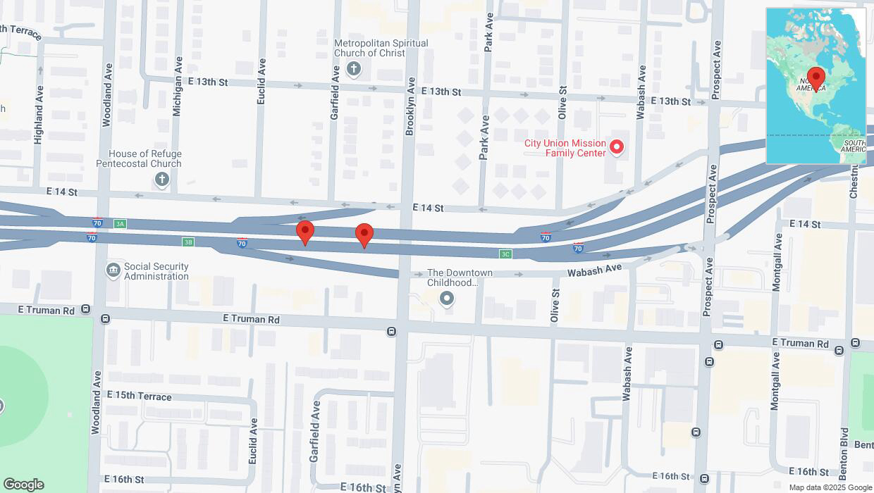 A detailed map that shows the affected road due to 'Broken down vehicle on eastbound I-70 in Kansas City' on February 26th at 1:09 p.m.