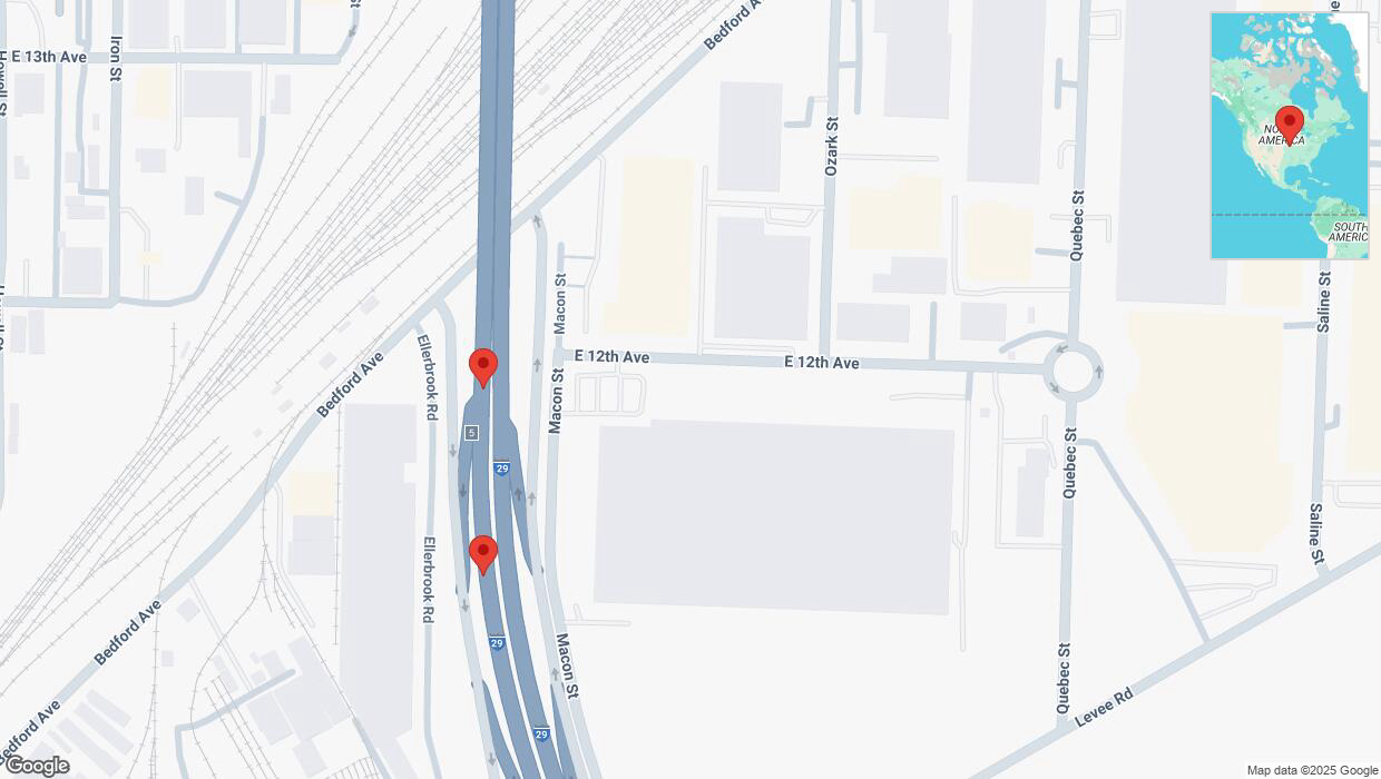 A detailed map that shows the affected road due to 'Broken down vehicle on southbound I-29/I-35 in North Kansas City' on February 26th at 1:48 p.m.