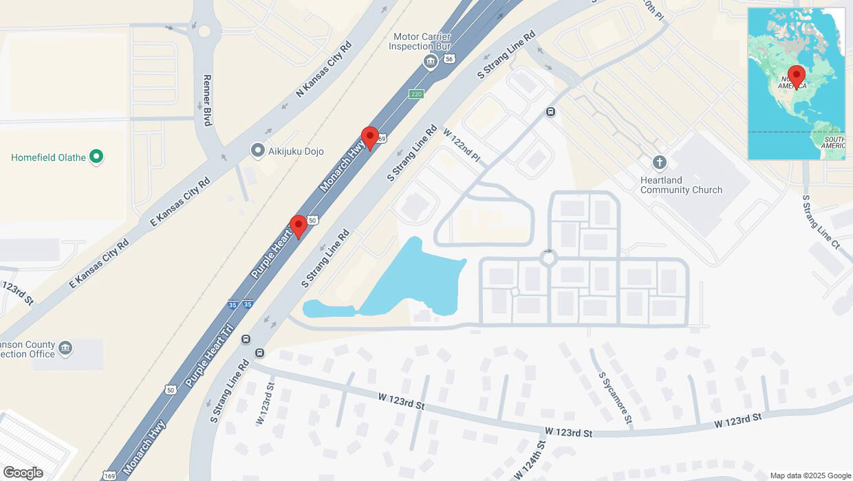 A detailed map that shows the affected road due to 'Broken down vehicle on eastbound I-35 in Olathe' on February 26th at 1:36 p.m.