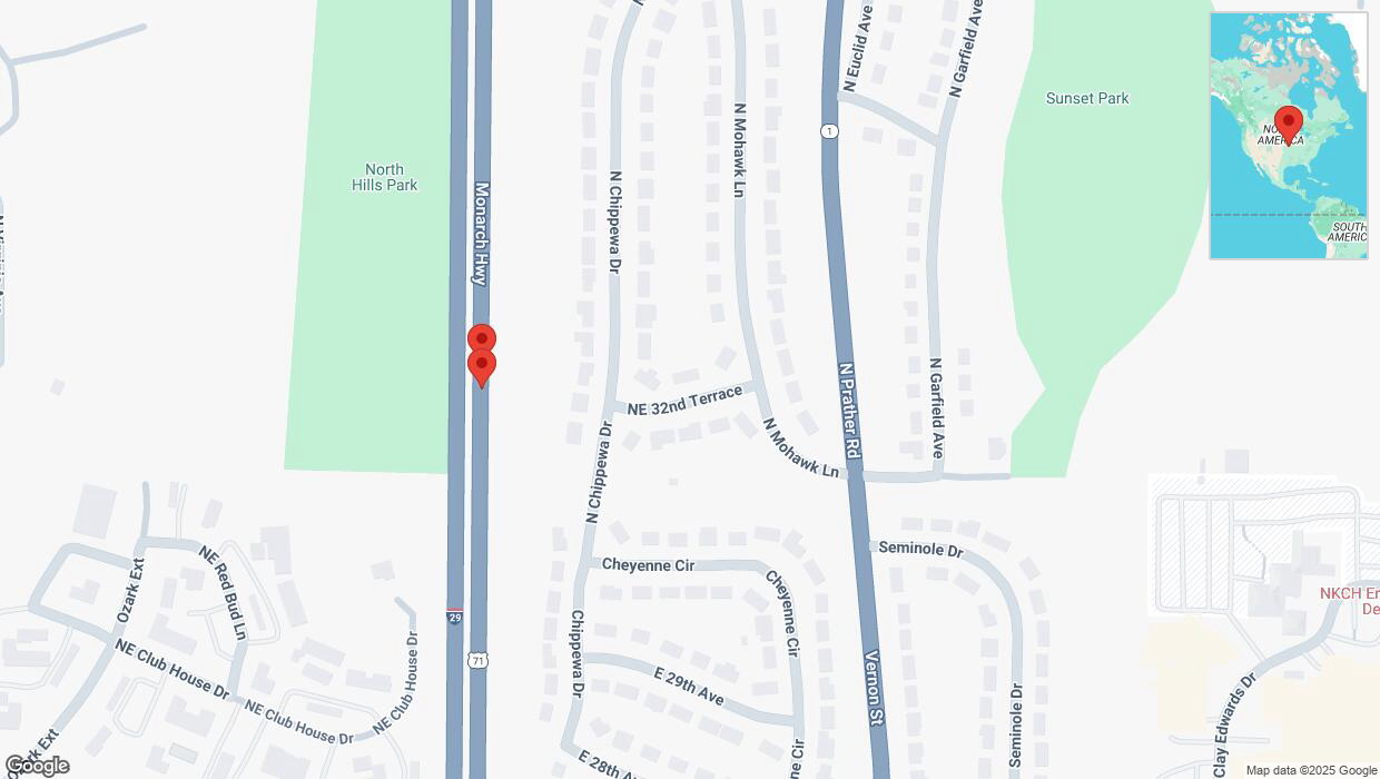 A detailed map that shows the affected road due to 'Broken down vehicle on northbound I-29/I-35 in Kansas City' on February 26th at 4:15 p.m.