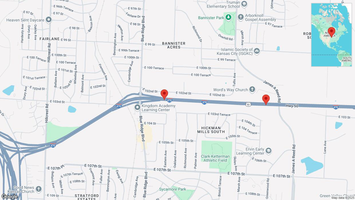 A detailed map that shows the affected road due to 'Warning: Crash on eastbound I-470 in Kansas City' on February 26th at 4:44 p.m.