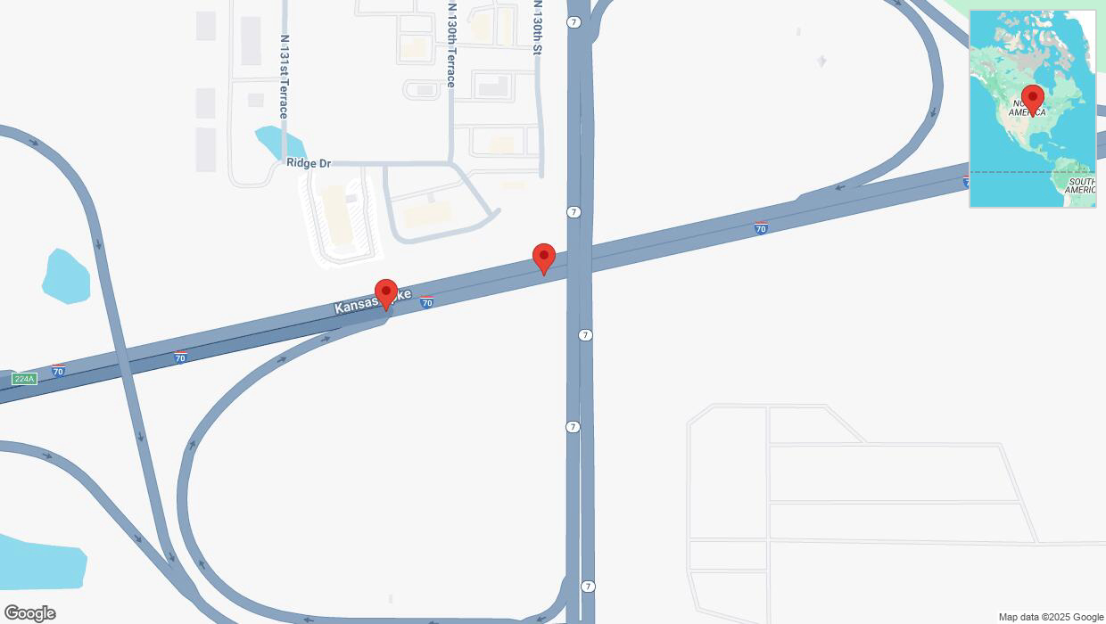 A detailed map that shows the affected road due to 'Broken down vehicle on eastbound I-70 in Bonner Springs' on February 27th at 6 a.m.