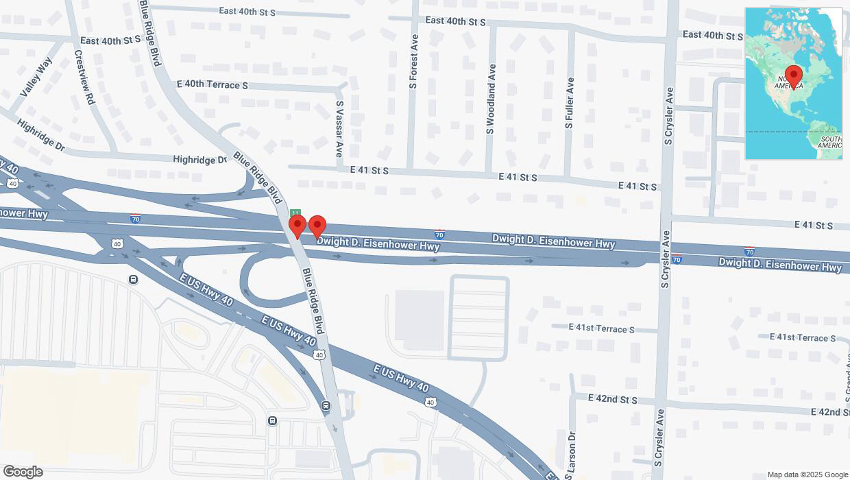 A detailed map that shows the affected road due to 'Broken down vehicle on eastbound I-70 in Kansas City' on February 26th at 7:07 p.m.