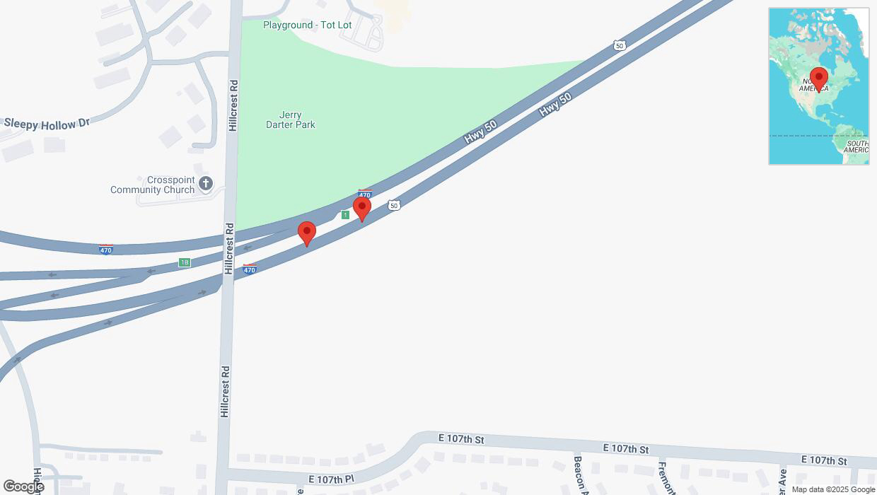 A detailed map that shows the affected road due to 'Warning in Kansas City: Crash reported on eastbound I-470' on February 26th at 8:09 p.m.