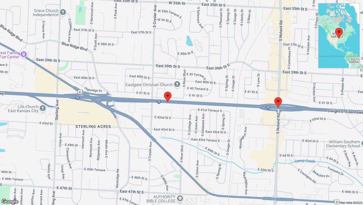 A detailed map that shows the affected road due to 'Crash reported on eastbound I-70 in Independence' on February 26th at 9:29 p.m.