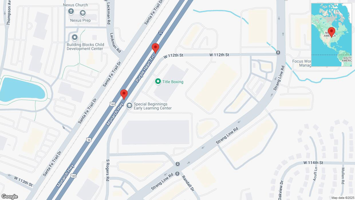 A detailed map that shows the affected road due to 'Broken down vehicle on eastbound I-35 in Lenexa' on February 26th at 10:07 p.m.