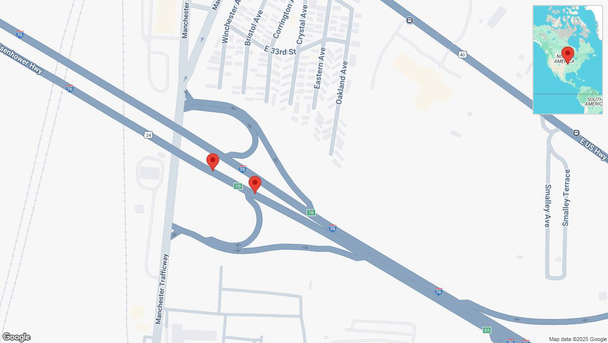 A detailed map that shows the affected road due to 'Broken down vehicle on eastbound I-70 in Kansas City' on February 26th at 11:33 p.m.