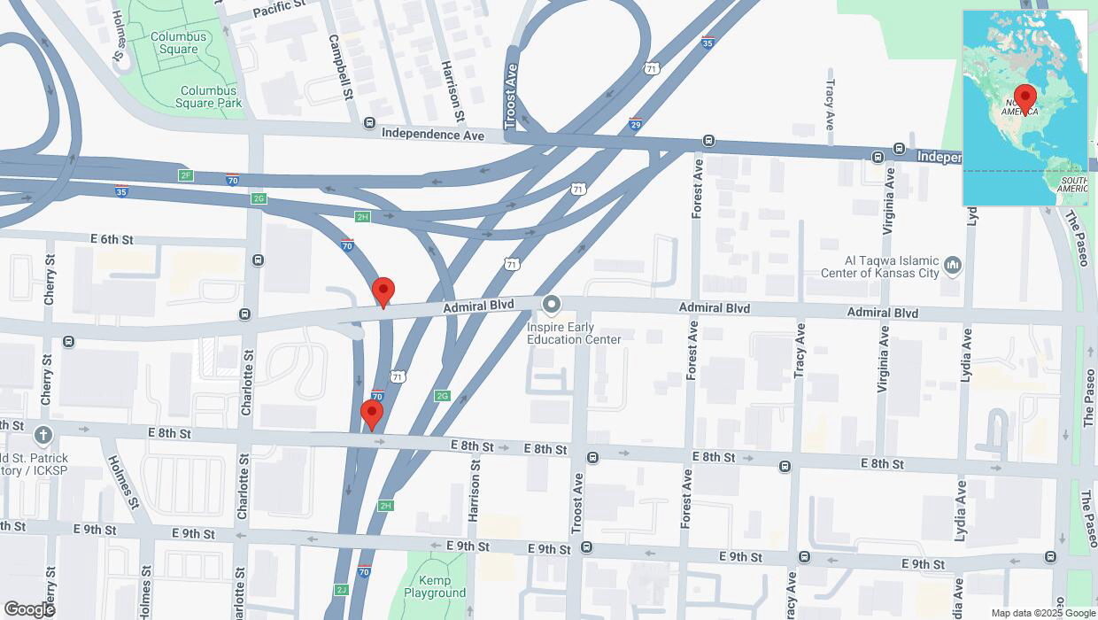 A detailed map that shows the affected road due to 'Broken down vehicle on eastbound I-70 in Kansas City' on February 27th at 7:25 a.m.