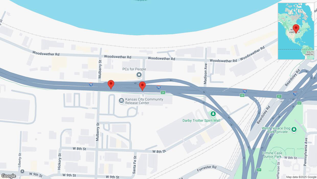 A detailed map that shows the affected road due to 'Broken down vehicle on eastbound I-70 in Kansas City' on February 27th at 7:36 a.m.