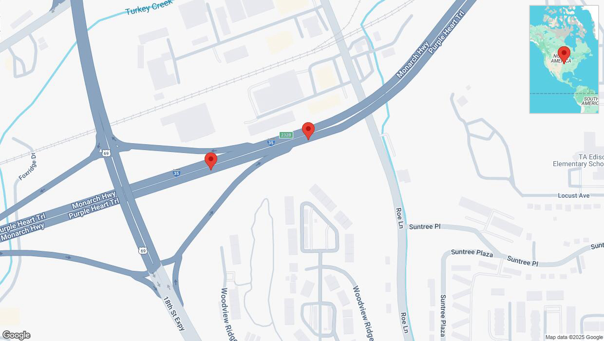 A detailed map that shows the affected road due to 'Broken down vehicle on northbound I-35 in Kansas City' on February 27th at 7:53 a.m.