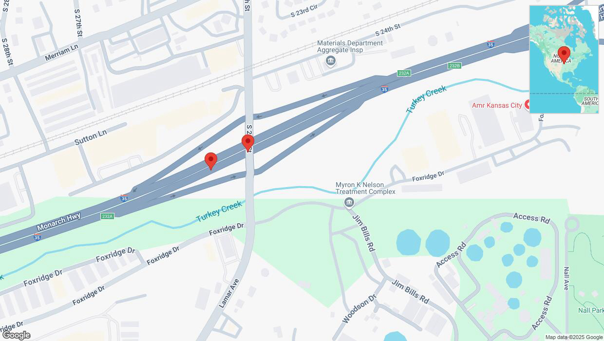 A detailed map that shows the affected road due to 'Broken down vehicle on northbound I-35 in Kansas City' on February 27th at 8 a.m.