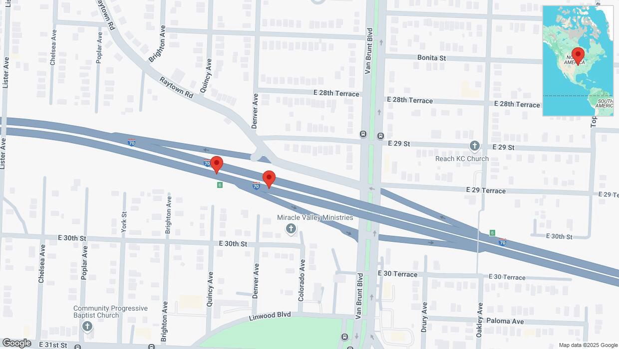 A detailed map that shows the affected road due to 'Broken down vehicle on eastbound I-70 in Kansas City' on February 27th at 9:06 a.m.